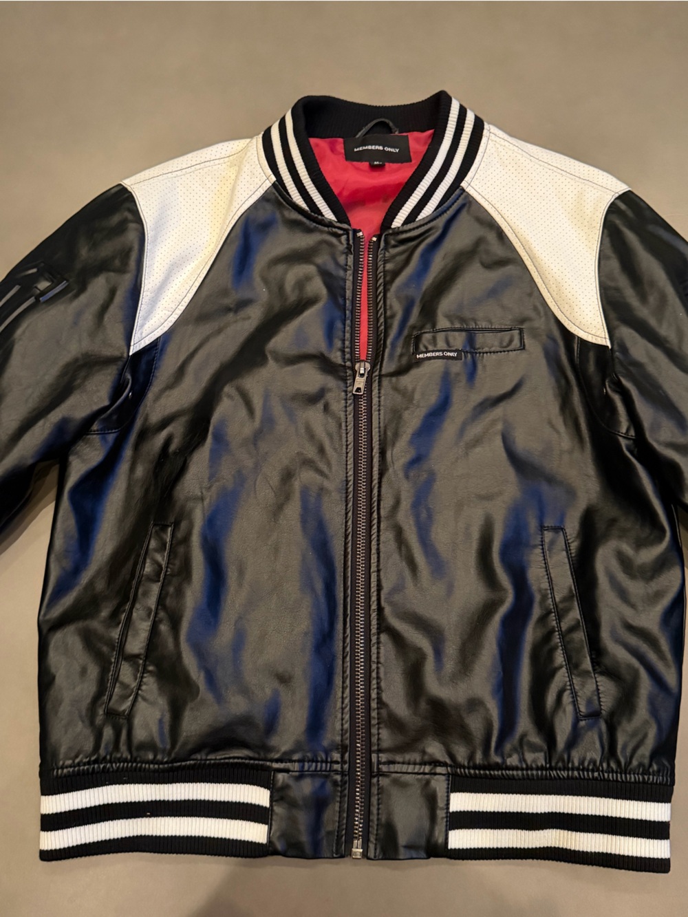 Members Only Black Faux Leather Bomber Jacket with White Accents